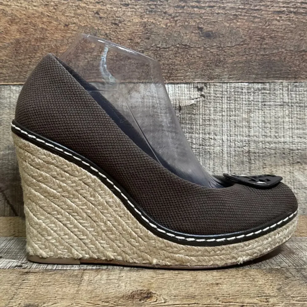 Tory Burch Jackie Brown Canvas Peep Toe Espadrille Wedge Heels Shoes Size 9.5